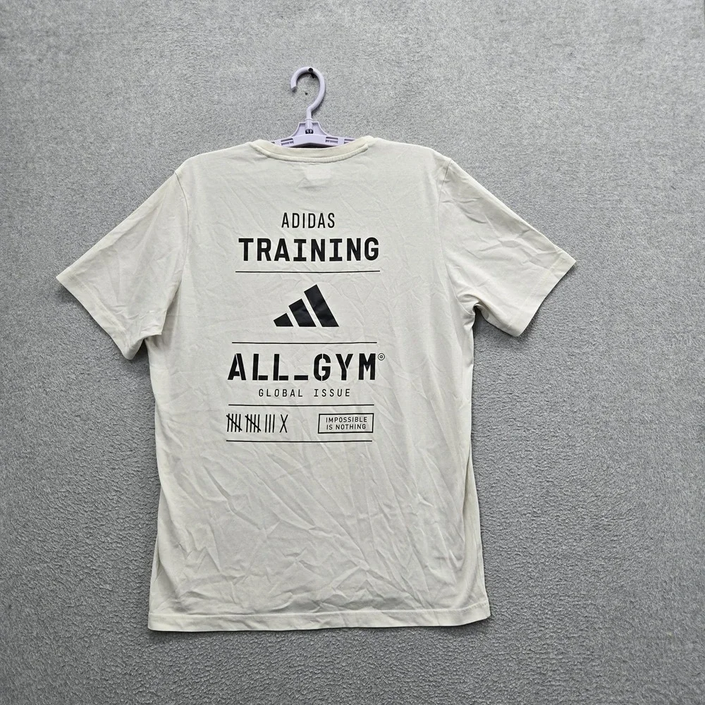 Adidas Men Shirt L Off-White Graphic Logo Spellout All Gym Training Short Sleeve
